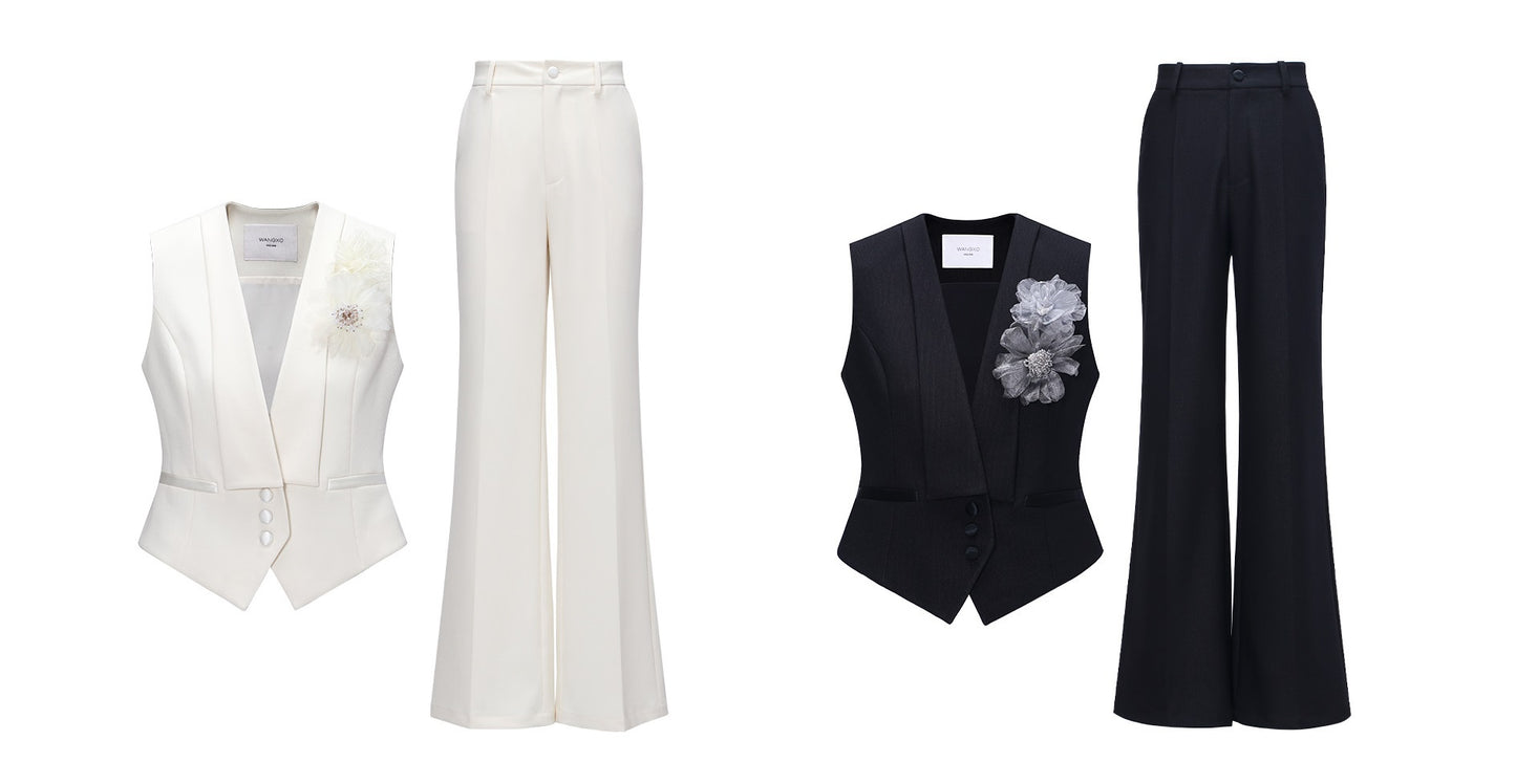 WANGXO|Wide Suit Material Spell Real Acetate Detachable Handmade Flowers V-Neck Vest Trousers - MAVIS