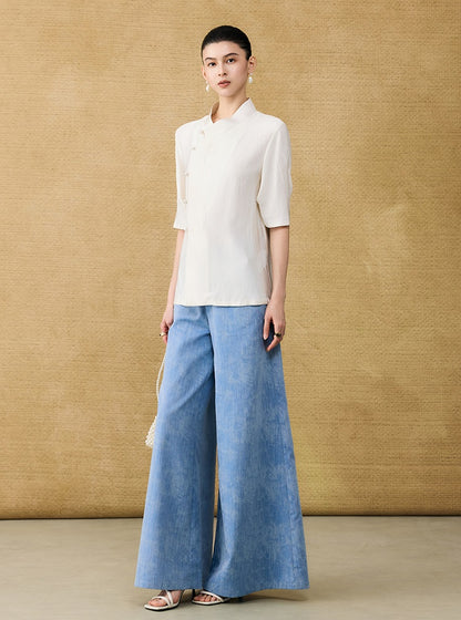 HECO Chinese Old Money Linen Bootcut Slacks Slim Wide-leg Pants - GLADE.