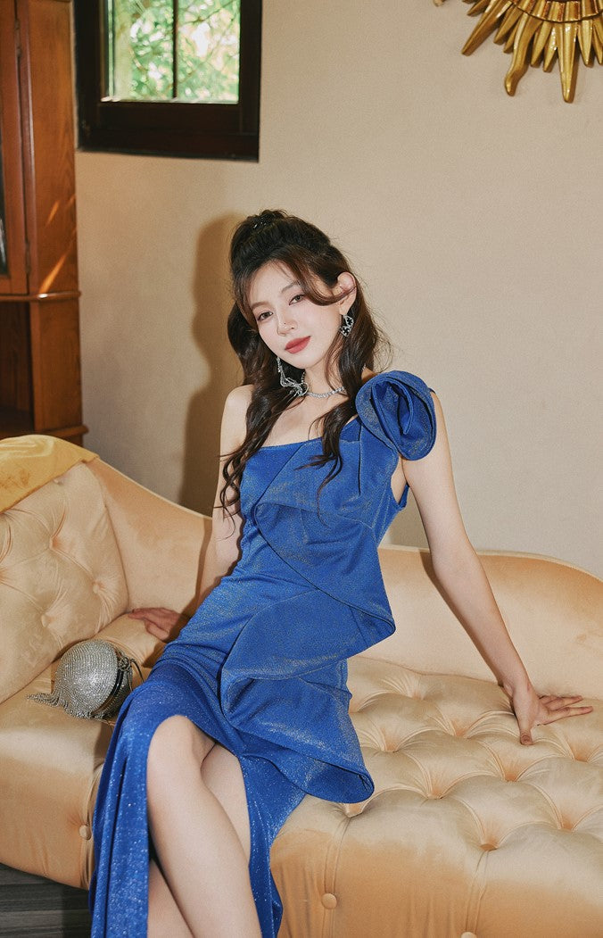 DOLLY Elegant Blue Retro Style Ruffled Off Shoulder Long Slim Fit Slit Dinner Dress-CHITA