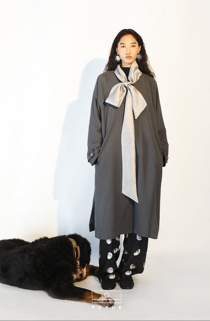 TUYUE Grey silhouette silk streamer long trench coat - CHRIS.