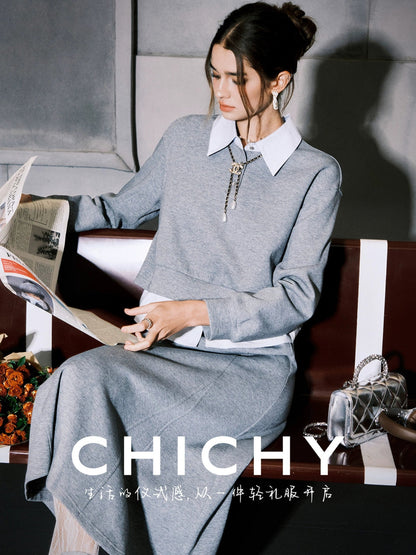 CHICHY Lazy Casual Gray Two-Piece Sporty Style Skirt-KILLUA