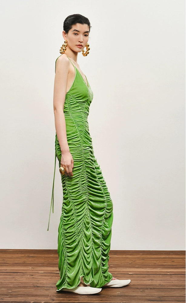 ZHUCHONGYUN Green ruched halter low-cut back silk satin dress-IRUMI.