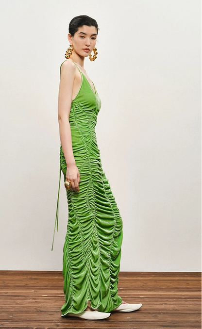 ZHUCHONGYUN Green ruched halter low-cut back silk satin dress-IRUMI.
