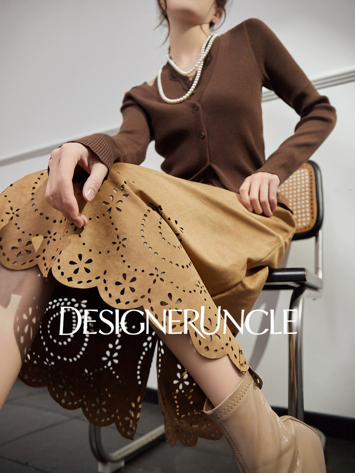 DGU|Floral Coffee Color New Hollow Design Versatile Slimming and Skirt - BLED.