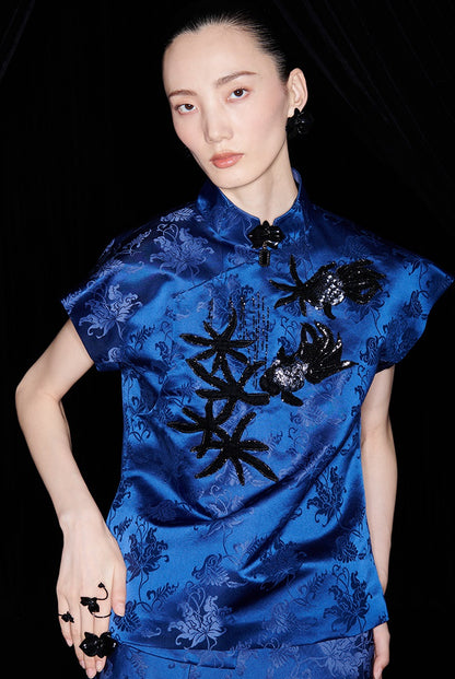 M essential Ma Kai designer Haiqing jacquard gag fish algae pattern nail bead top - CHEN.