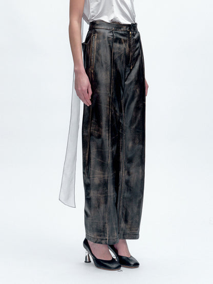 JACQUES WEI Dark Vintage Distressed Brown Leather Pants - LYDIA