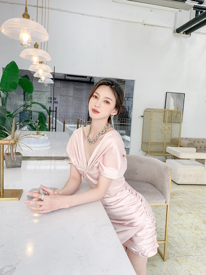 DOLLY Elegant V-Neck Short Sleeve Tube Top Slim Fit Pleated Short Date Dress-LITA