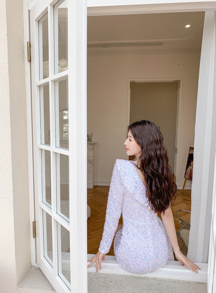 DOLLY Luxury White Sequined Slant Collar Off Shoulder Long Sleeve Dinner Dress-KAKA