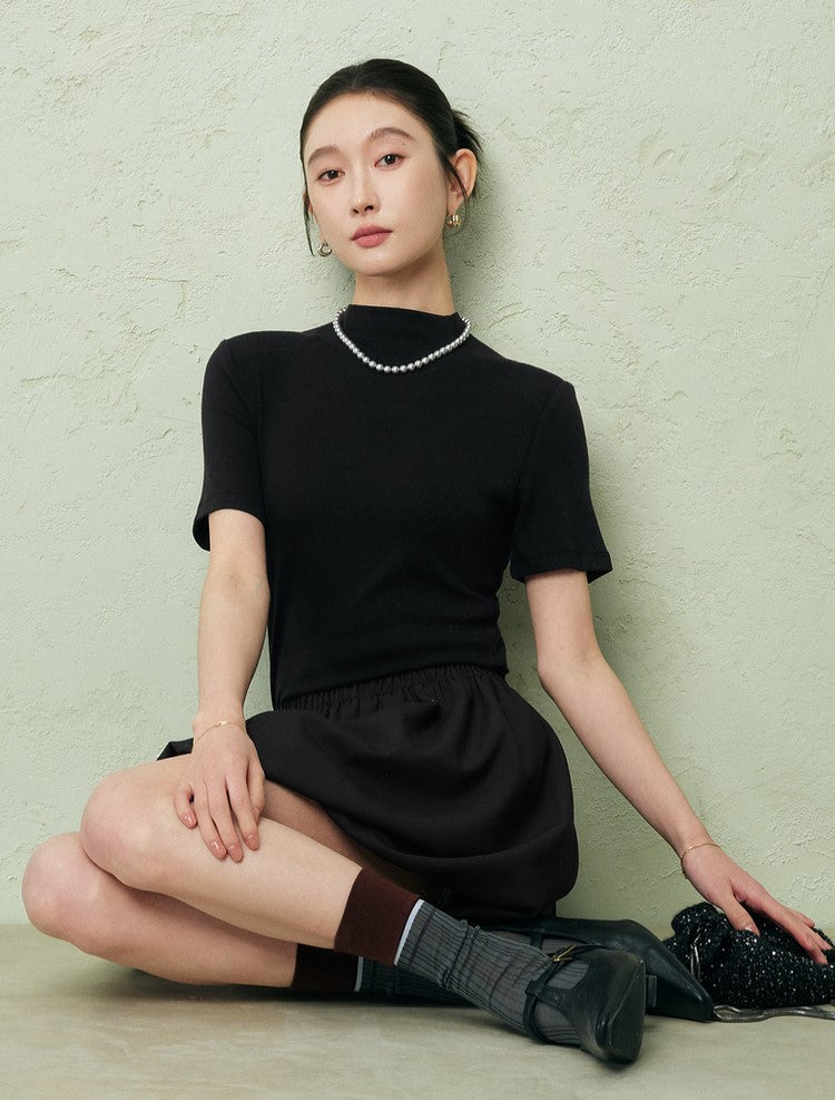 SUSHE three-dimensional flower bud elastic waist short skirt -PEARL