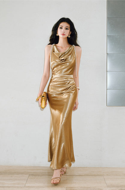 WANGXO |Detachable Pearl Pendant Swing Neck Waist Fishtail Dress -NOYA