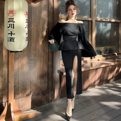 Le Palais Light Luxury Black Slim Knitted Long Skirt + Hourglass Fishbone Waist Seal-BAMBAM
