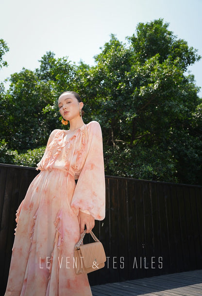 LE VENT& TES AILES Spring summer elegant multicolor silk smudged floral shirt skirt-ENE