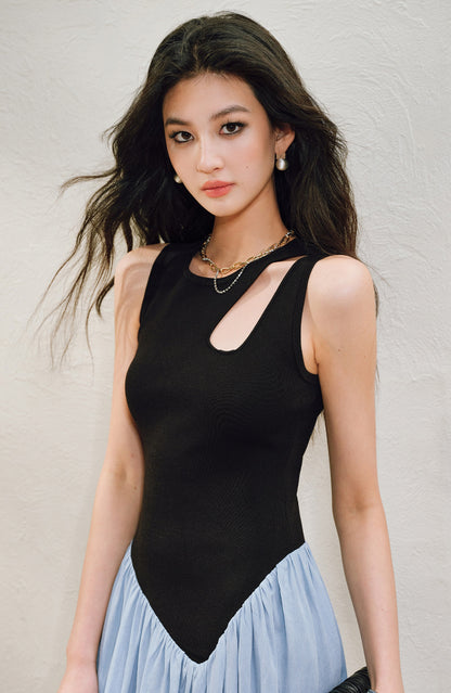 WANGXO |Tailoring Sleeveless Umbrella Hem Dress in Sculpted Casual Elegance -LUMA