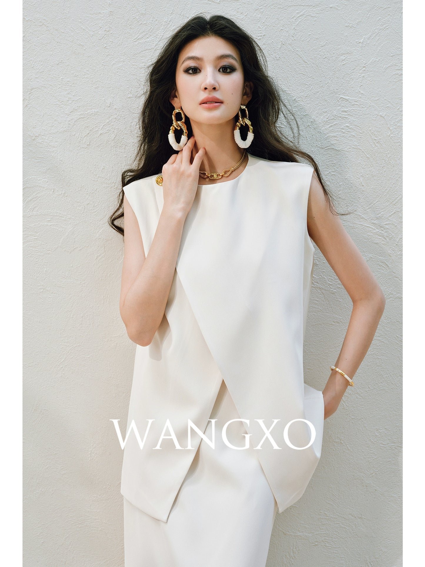 WANGXO | Imported Twisted Drape Fabric Elegant Commuter-Style Diagonal Placket with Loose Pleated Slit Vest & Skirt Suit Set -NALA