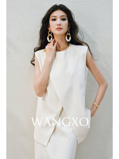 WANGXO Elegant Commuter-Style Diagonal Placket with Loose Pleated Slit Vest & Skirt Suit Set -NALA