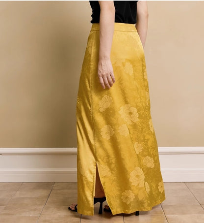 HECO Acetate Peony Jacquard Embroidery Side Slit Maxi Skirt  - SMART.