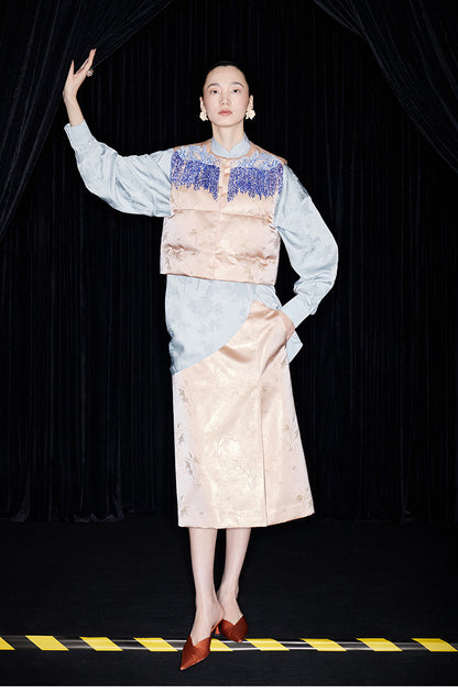 M essential Mackay designer seawater river cliff tassel beaded vest shirt skirt set- six.