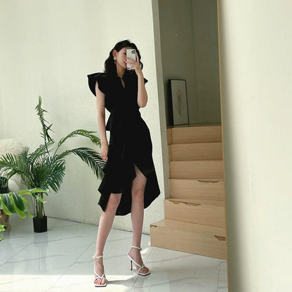 DOLLY Luxury V-Neck Short Sleeve High waist Slim Fit Irregular Hem Date Dress-LISA