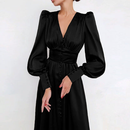 DOLLY Elegant V-Neck Long Lantern Sleeve Long Button Church Dress-NANA