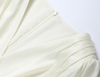 WANGXO | Wrinkled Bright Silk Satin Hemp V-Neck Twisted Waist Slim Dress -ZAYA.