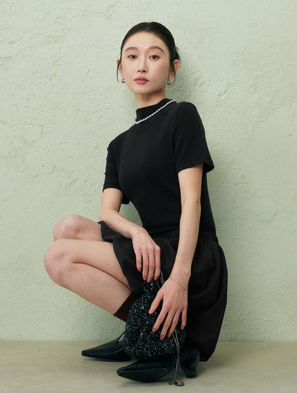 SUSHE three-dimensional flower bud elastic waist short skirt -PEARL