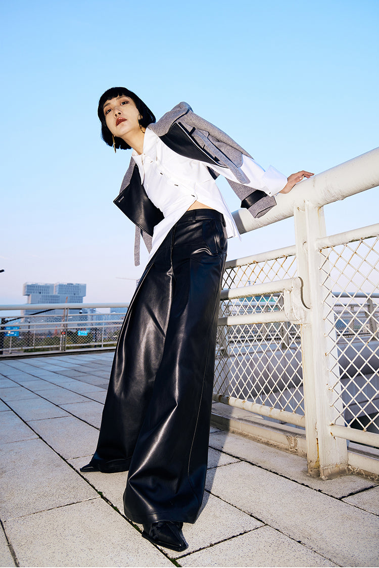 TINY IN leather stitched cropped women's wool jacket -DEKU