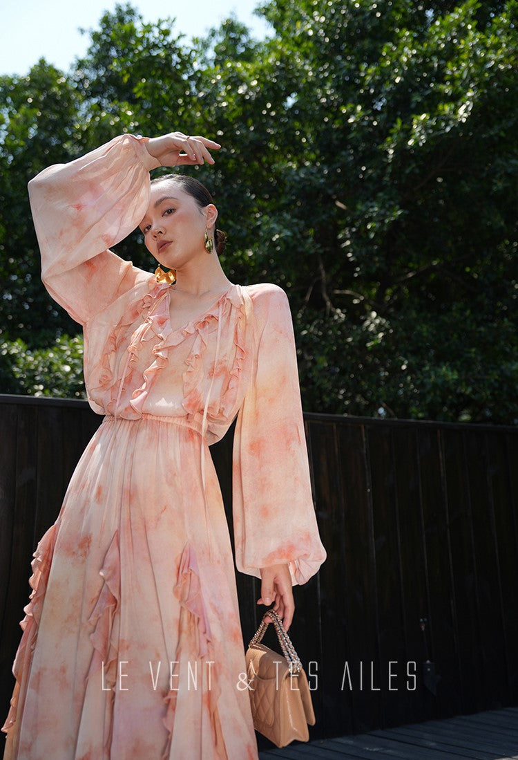 LE VENT& TES AILES Spring summer elegant multicolor silk smudged floral shirt skirt-ENE