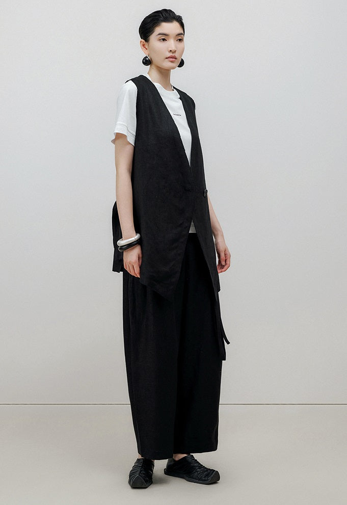 ZHUCHONGYUN Summer Black Loose Belted Linen Long Pants-HARU.
