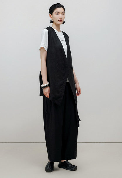 ZHUCHONGYUN Summer Black Loose Belted Linen Long Pants-HARU.
