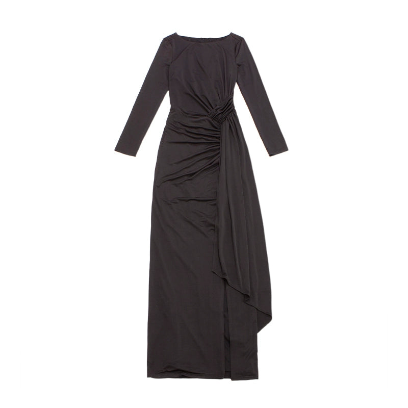 le palais  elegant black asymmetrical pleated high slit slim long dress-PEBBLE