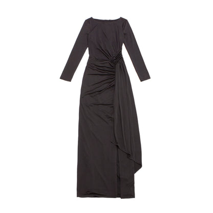 le palais  elegant black asymmetrical pleated high slit slim long dress-PEBBLE