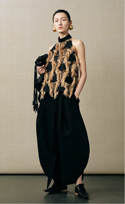 ZHUCHONGYUN draped tassel jacquard sleeveless halter neck suspender top-MAOTOME.