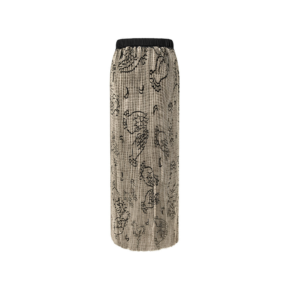 TUYUE Art Print Elastic Waist Pleated H-Shaped Maxi Skirt - ANDRE.