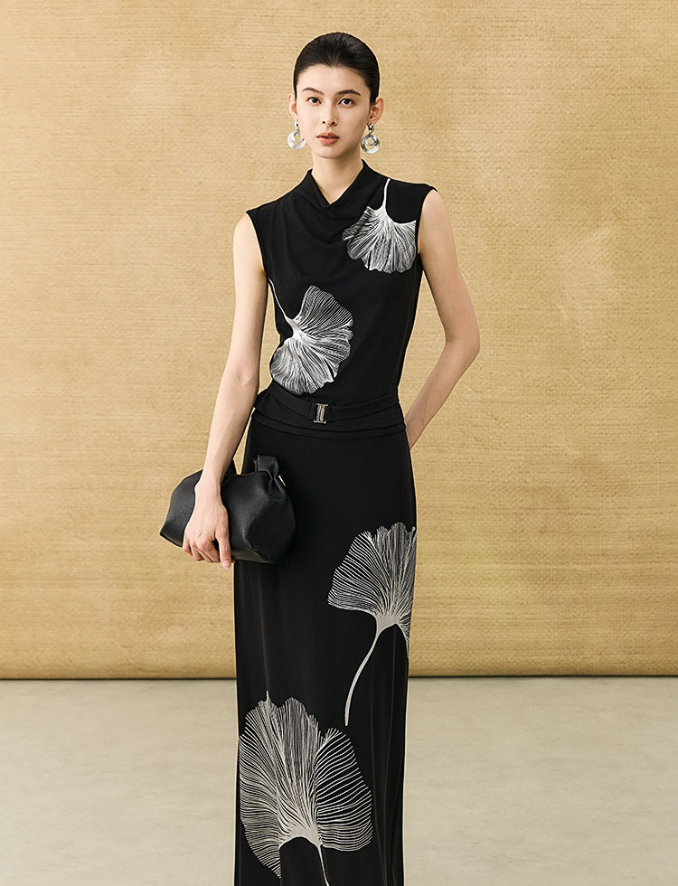 HECO Chinese draped skirt summer fashion ginkgo print skirt set - AFLORAL.