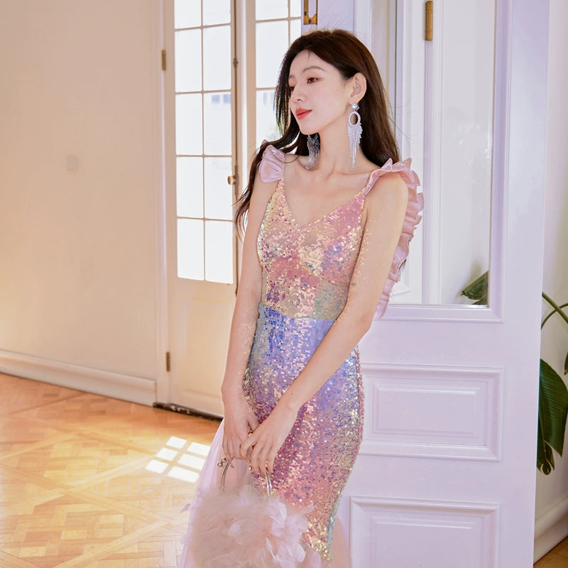 DOLLY Luxury Gradient Deep V-Neck Sleeveless Sequin Long Backless Party Dress-IVETTE