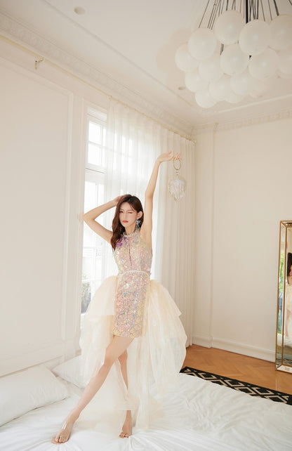 DOLLY High End Rainbow Sleeveless Bright Sequin Halter Neck Party Dress-NELLY