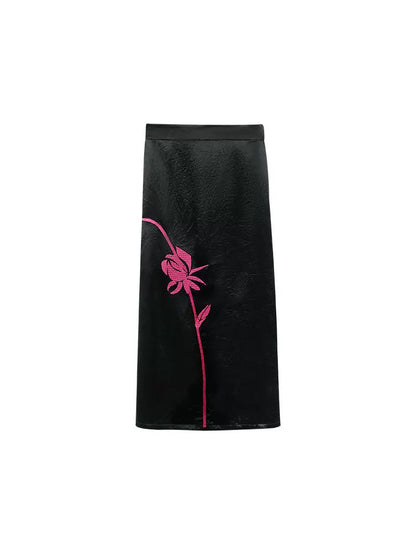 HECO 100% acetate rose embroidery texture black white skirt women - lifted.