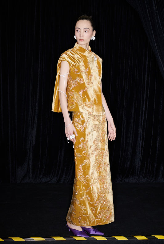 M essential Marquette designer Juyi velvet drape structure slim side vest - STREAM.