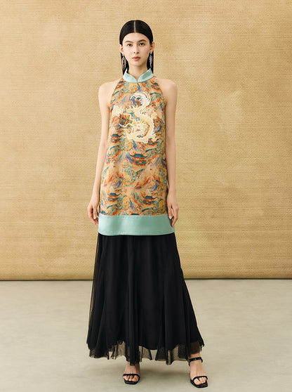 HECO Chinese Stand Collar Color-Blocked Golden Dragon Embroidery Dress - ZIPH