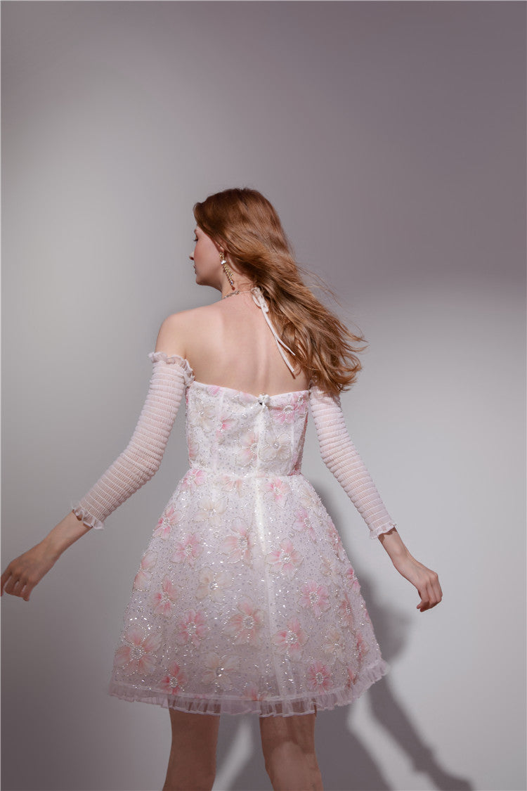 Wardrobes by Chen Elegant Pink Halter Long Sleeve Flower Dinner bridal Dress-Gika