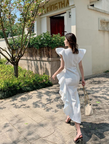 DOLLY Luxury V-Neck Short Sleeve High waist Slim Fit Irregular Hem Date Dress-LISA