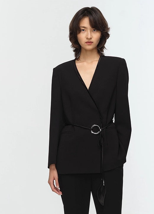COMME MOI Lu Yan Designer New Women's Acetate V-Neck Waist Rope Slim Suit - BAKA.