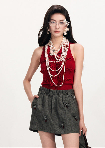 FAME Red sleeveless bow beaded knitted vest - ANASTASIA.