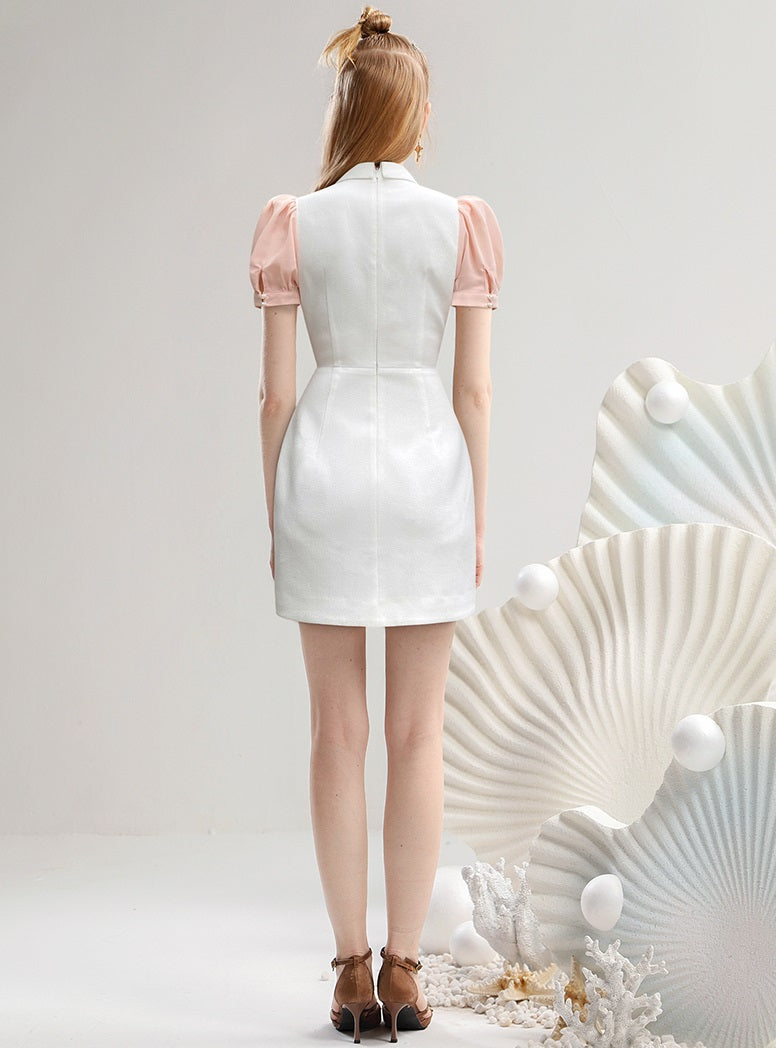 CHECOCRE Elegant V-neck Pressed Pleated Diamond Design Short White Dress - SEEKING