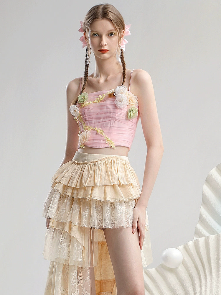CHECOCRE Stubble Pink Three-dimensional Flower Mesh Camisole Irregular Skirt - JEREMY.