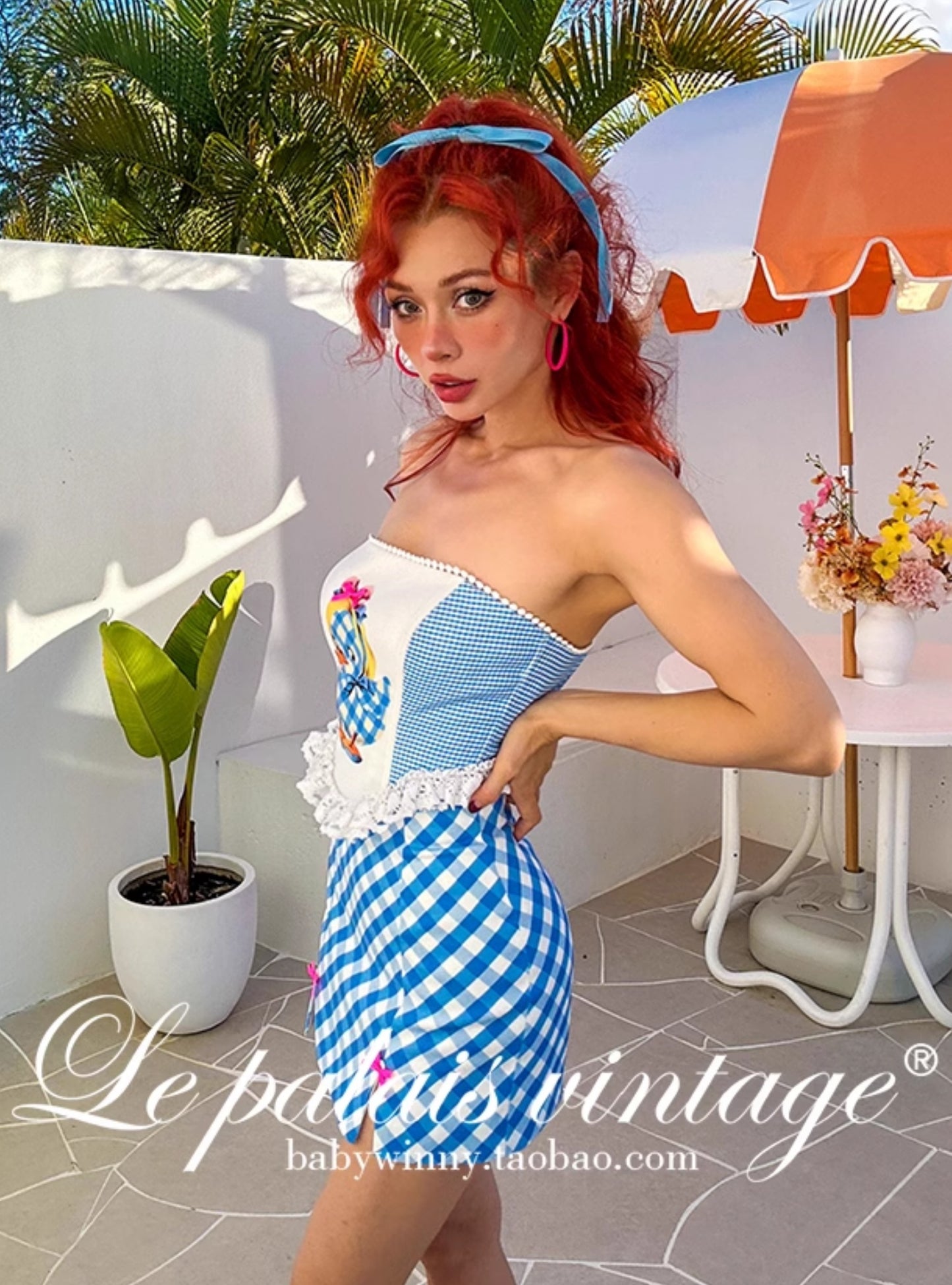 Le Palais  Blue Plaid Small Fragrance Thin Short Coat + Short Skirt- Yuno