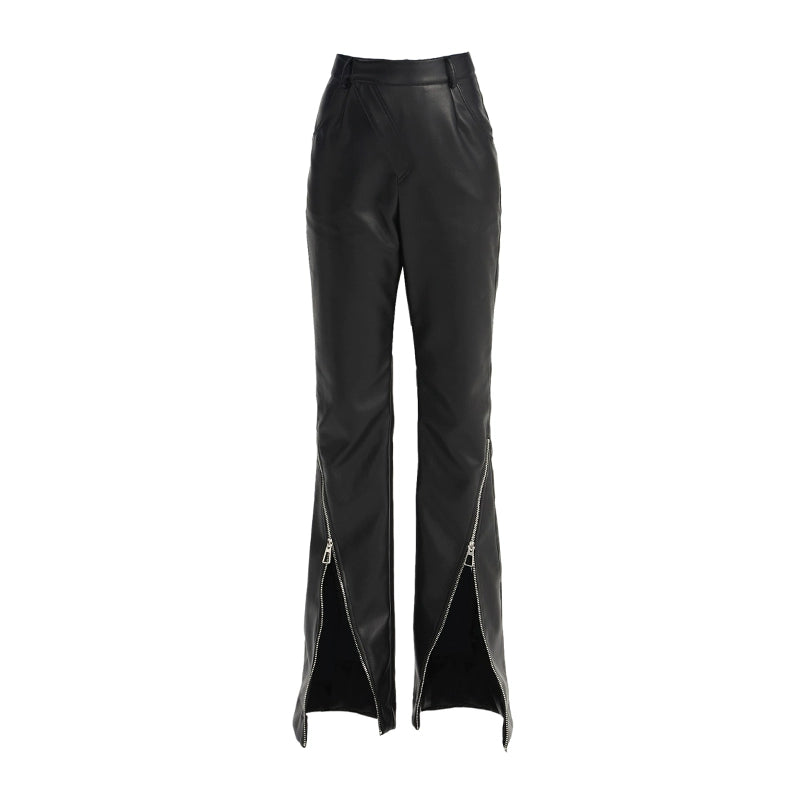 TINY IN zippered flared floor-length leather high waist pants -KON