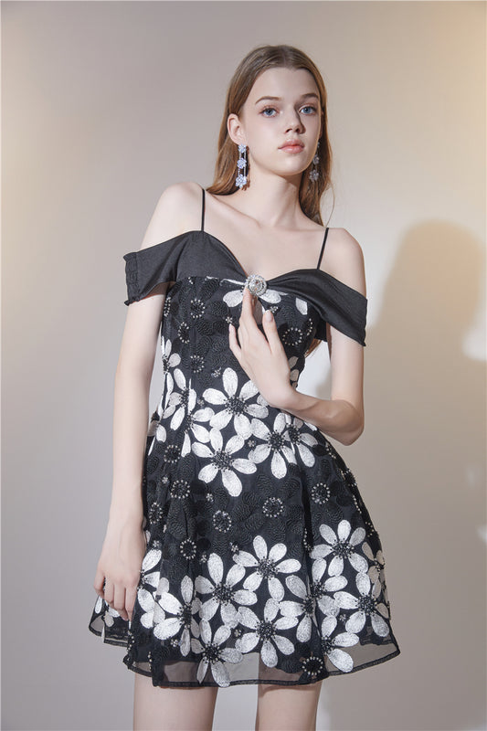 Wardrobes by Chen Elegant Black and White Off Shoulder Flower Dress-YEMMY