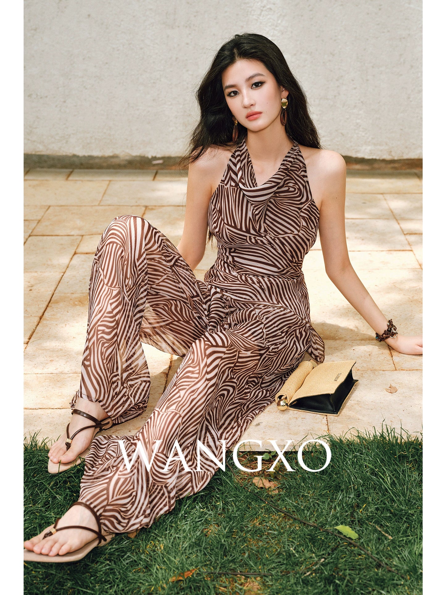 WANGXO Shaved Shoulders Waisted Top & Flowing Wide-Leg Pants -MIRA