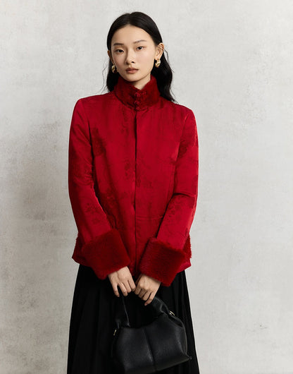 HECO 100% viscose High Neck Fur Collar red black Cotton Suit Women - entity.